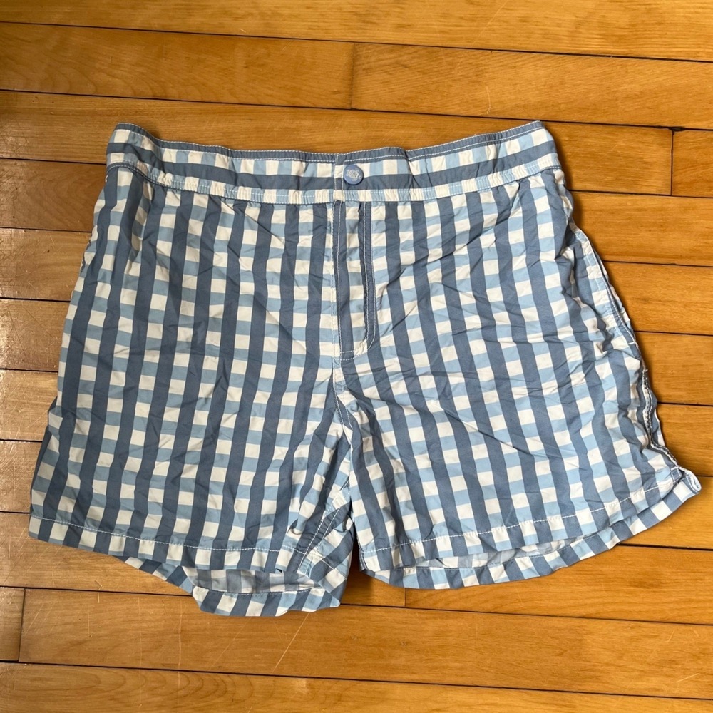 Vilebrequin Men Blue Gingham Check Swim Trunk XL Elastic Waist Mesh Lined Luxury